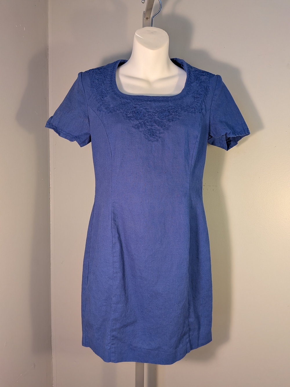 Vintage Styleworks Blue Linen Cotton Embroidered Square Neck Sheath Dress 6P